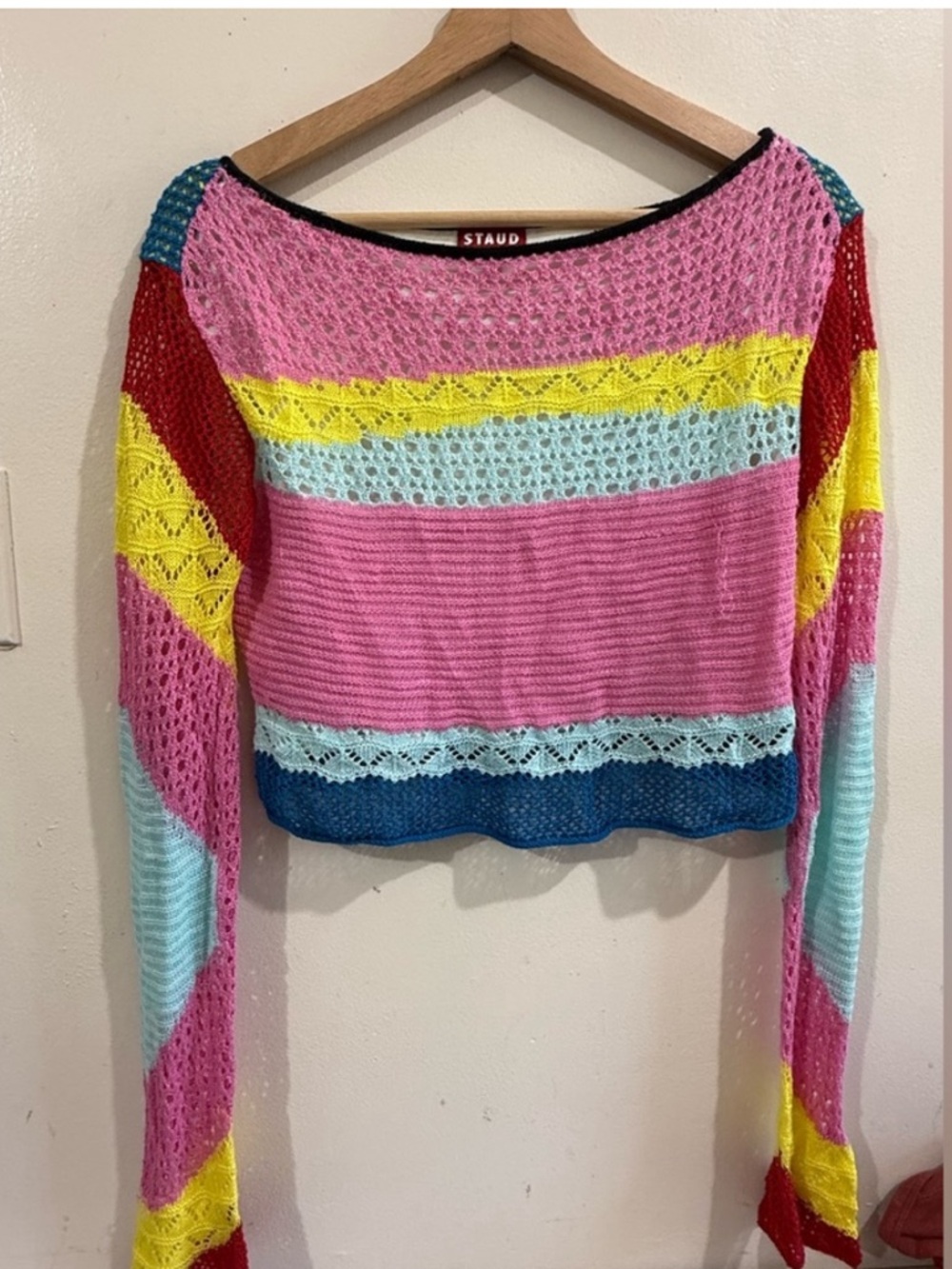 STAUD Multicolor Striped Crochet Crop Top - Pink, Blue, Yellow, Red - Picture 3 of 6